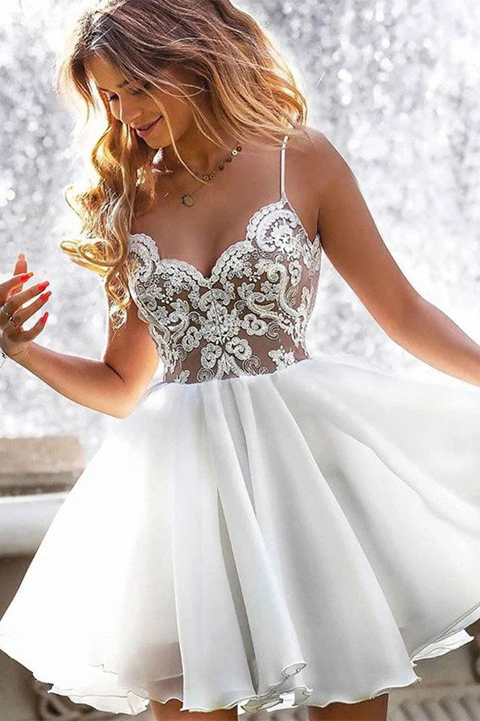 White lace satin short prom dress white ...